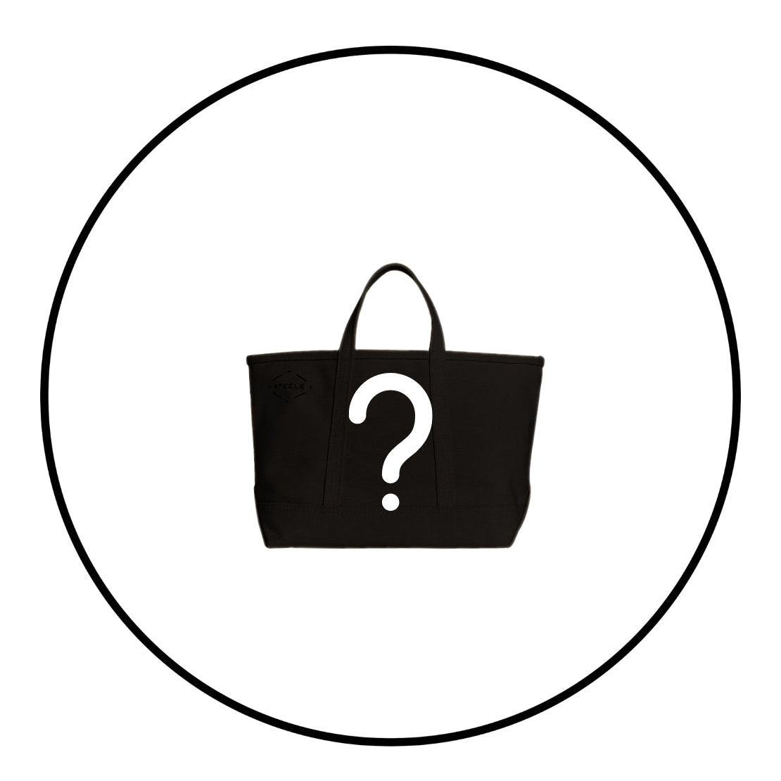 Black silhouette of a handbag with a question mark inside a circle on a white background