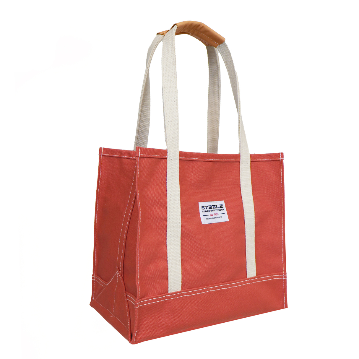 Red tote bag with white handles on a white background