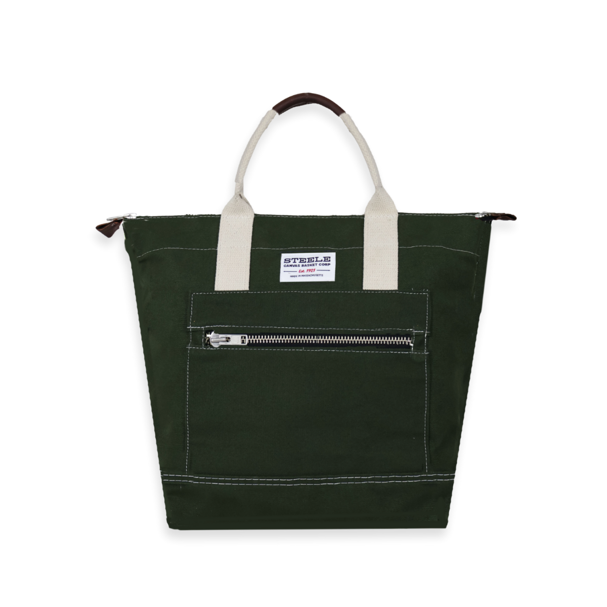 Green tote bag with white handle on a white background