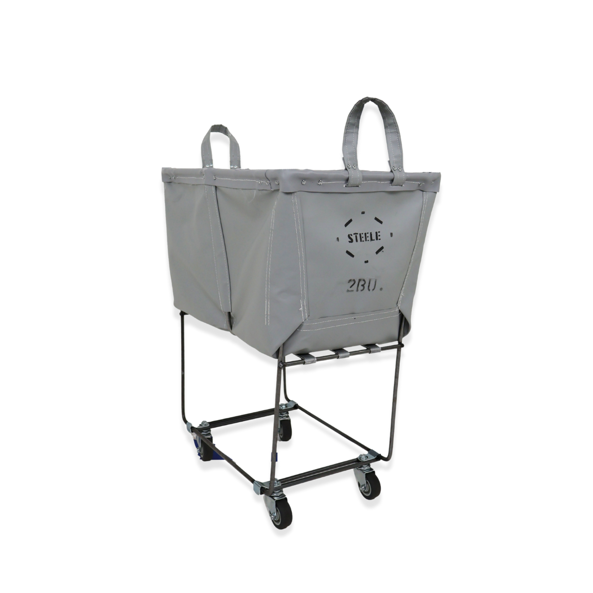 Gray laundry cart with a bag attached on a white background