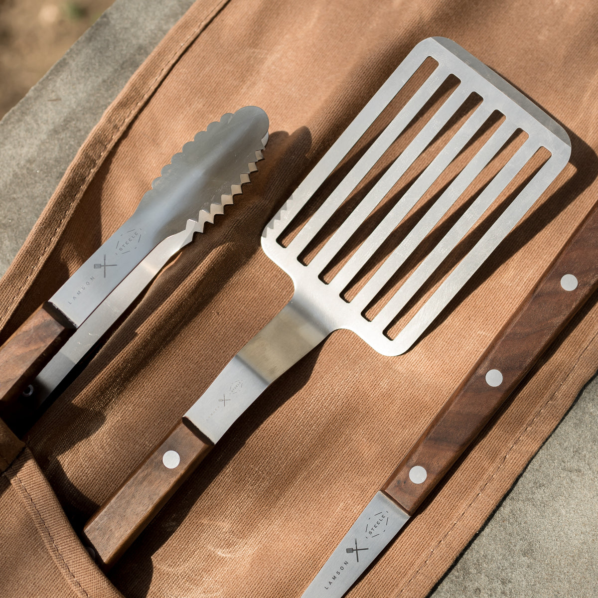 Personalised BBQ Grill Tool Set. Custom Engraved Wood Handle