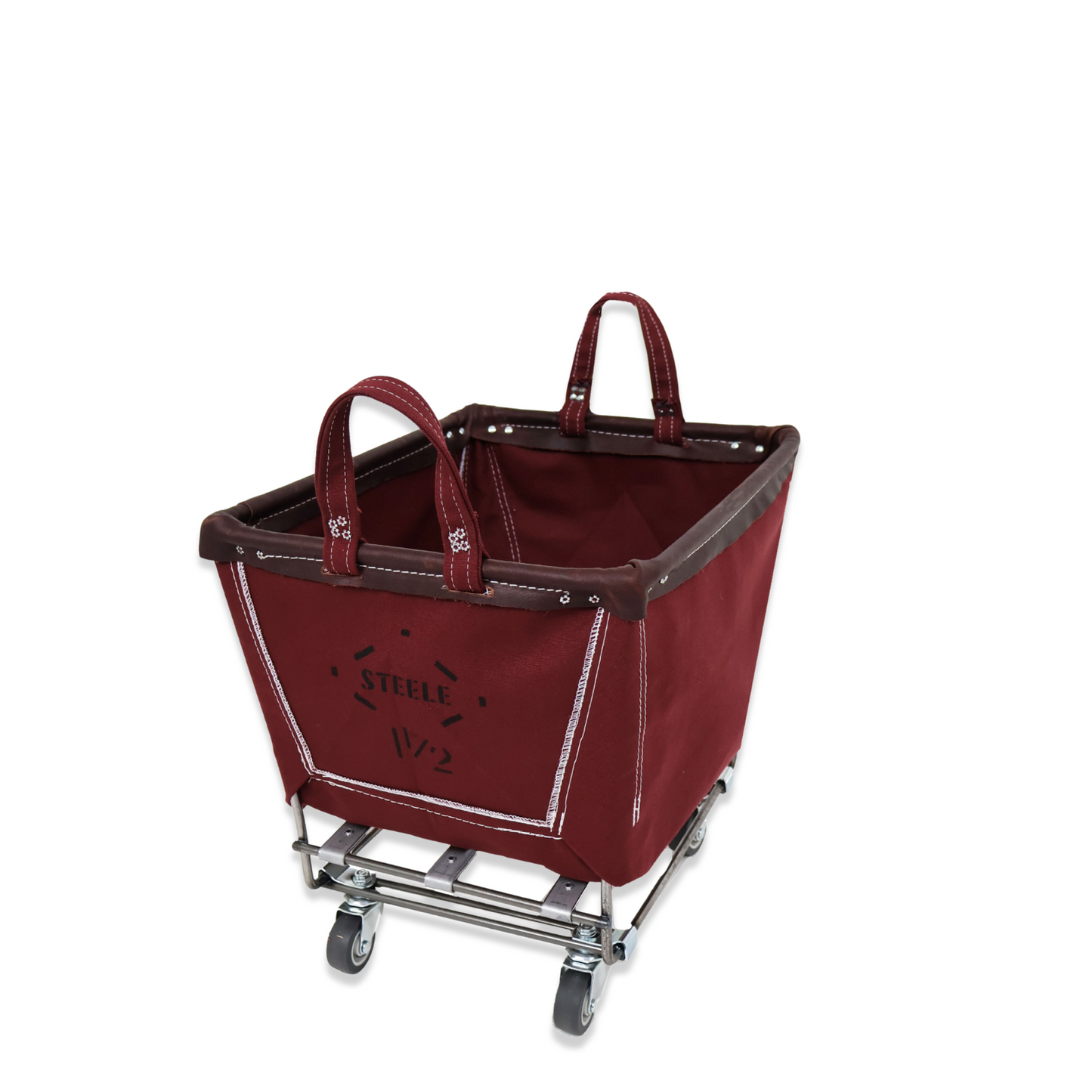 Red shopping cart with handles on a white background