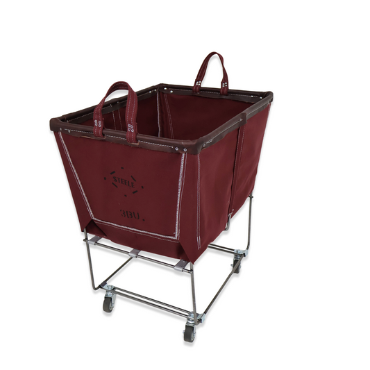 Maroon laundry cart with metal frame on a white background