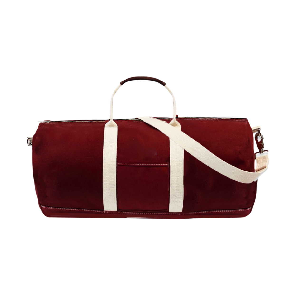 A burgundy canvas duffel bag with cream-colored straps and trim, shown against a plain white background.