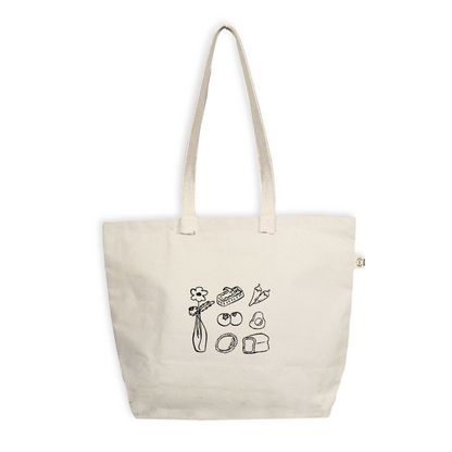 Beige tote bag with black illustrations on a white background