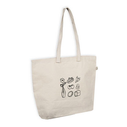 Beige tote bag with black illustrations on a white background
