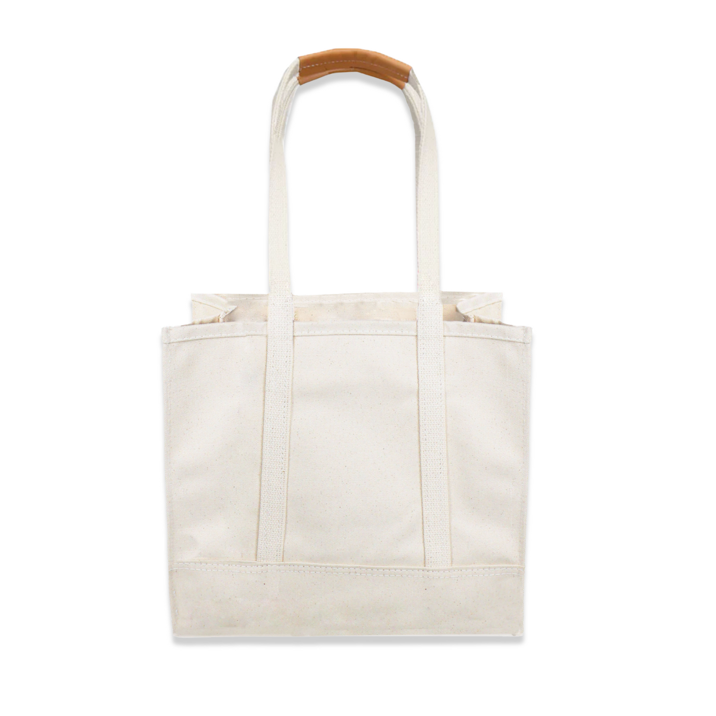 Beige tote bag with brown handle on a white background