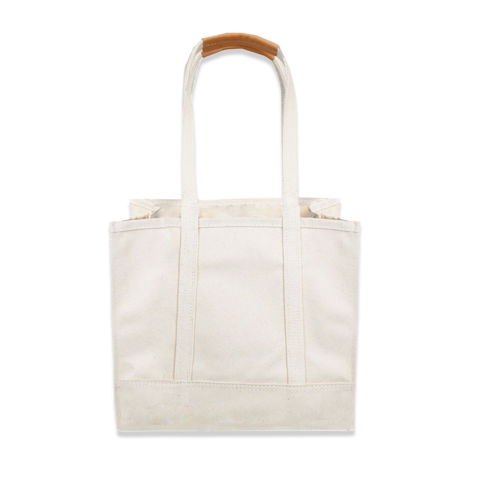 Beige tote bag with brown handle on a white background
