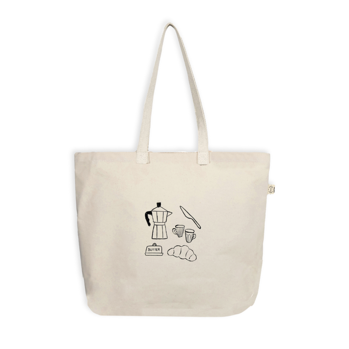 Beige tote bag with black illustrations on a white background