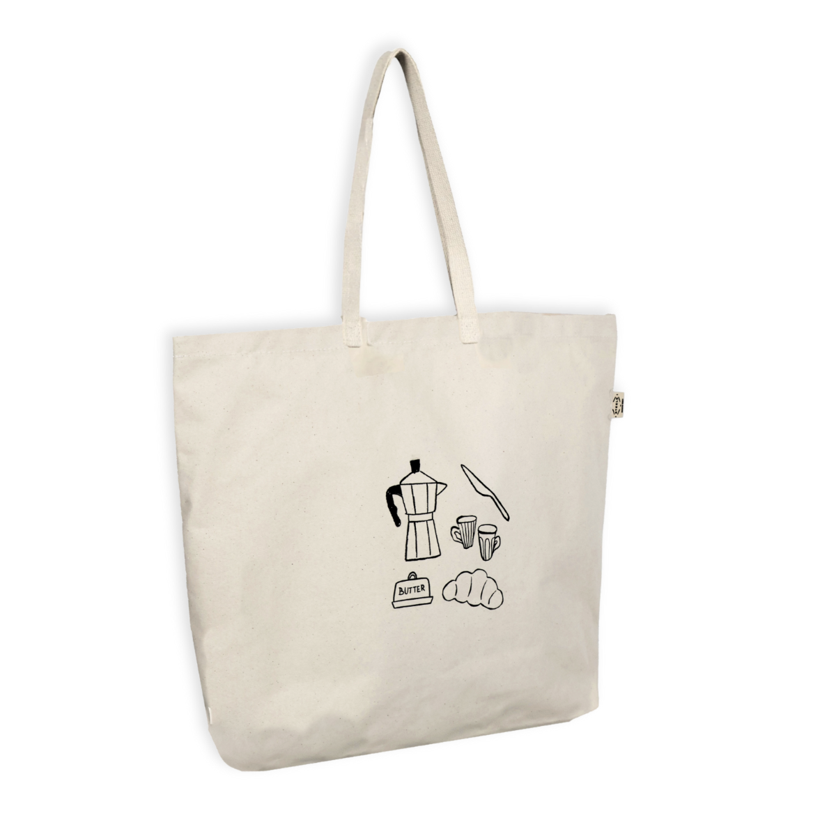 Beige tote bag with black coffee-themed illustrations on a white background