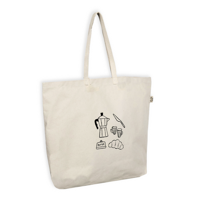 Beige tote bag with black coffee-themed illustrations on a white background