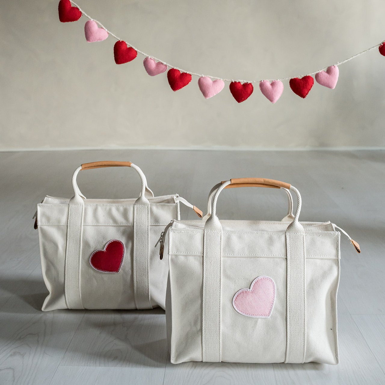 canvas tote with valentine's heart patches