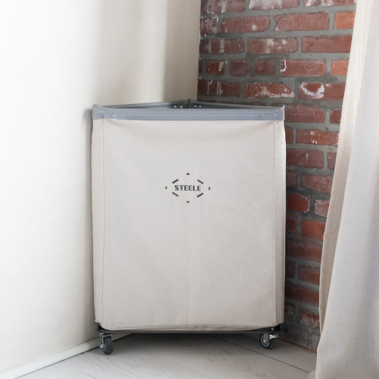 natural canvas corner caddie with a grey vinyl rim