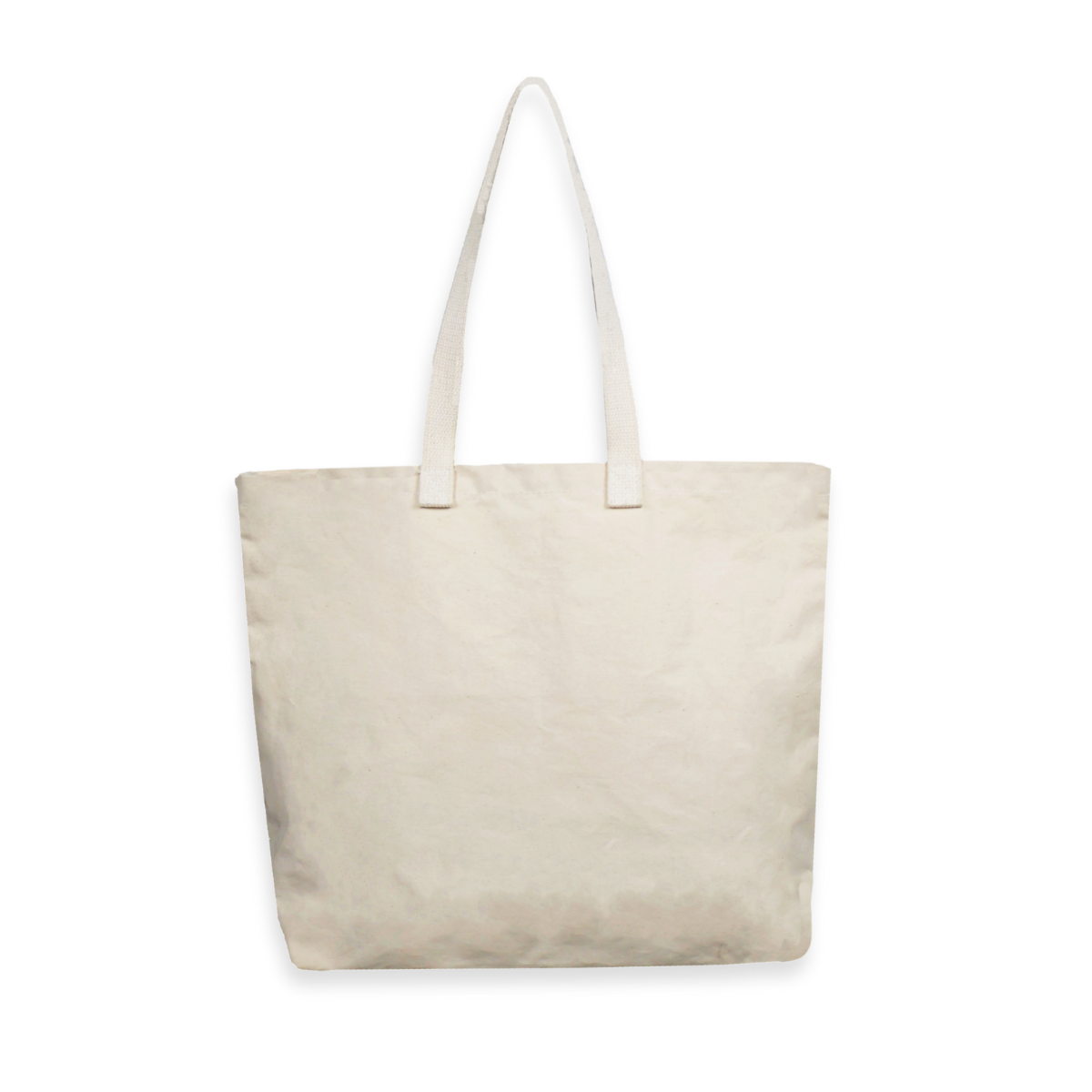 Beige tote bag with white handles on a white background