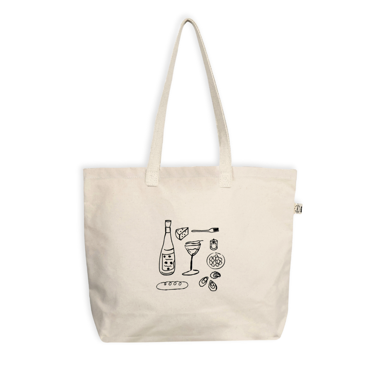 Beige tote bag with black illustrations of a bottle, glass, and food items on a white background