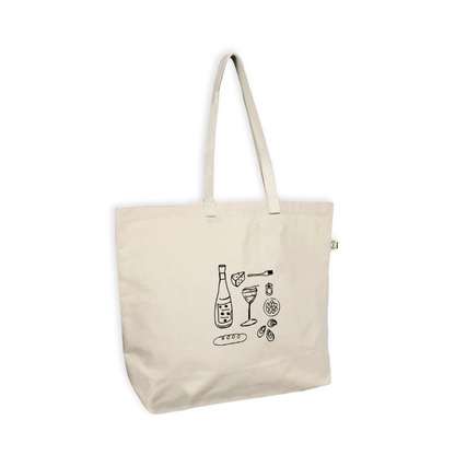 Beige tote bag with black illustrations on a white background