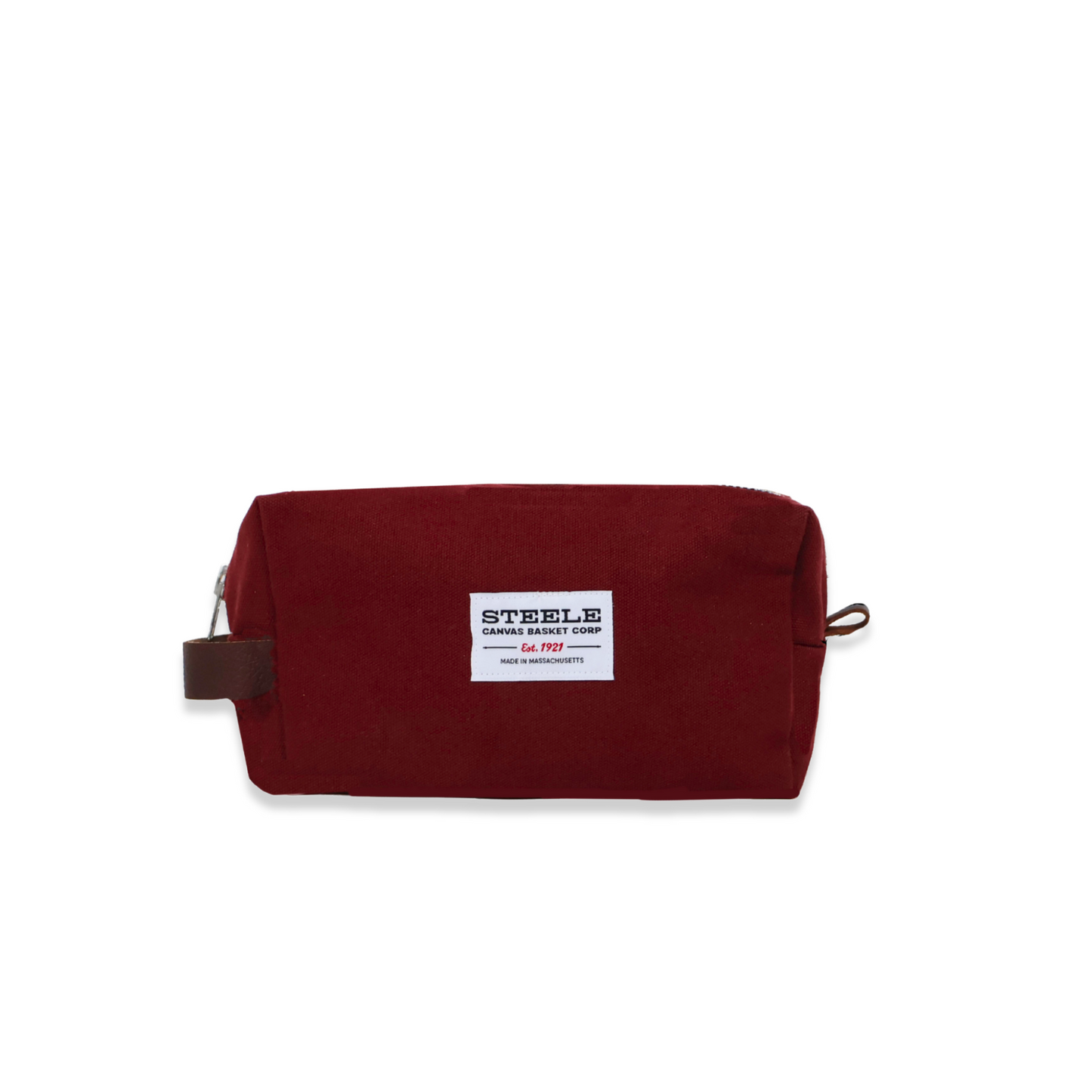 Maroon toiletry bag with a label on a white background