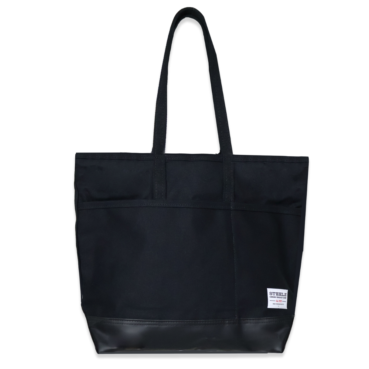 Black tote bag with leather accents on a white background