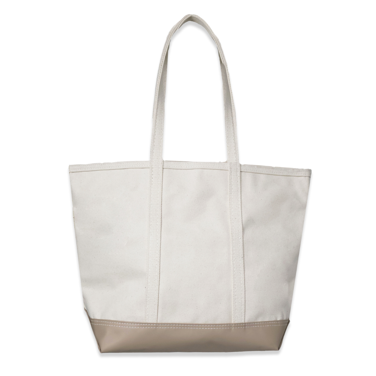 White tote bag with beige bottom section on a white background