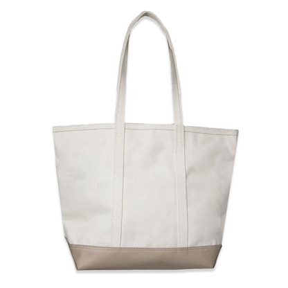 White tote bag with beige bottom section on a white background