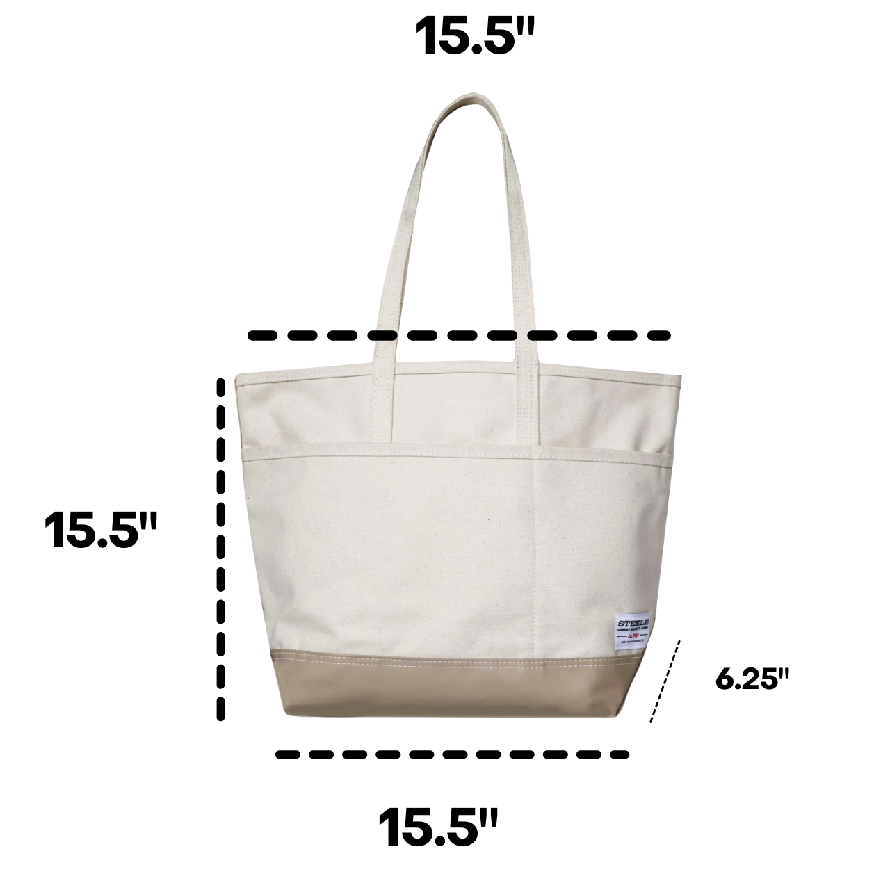 Beige tote bag with dimensions labeled on a white background