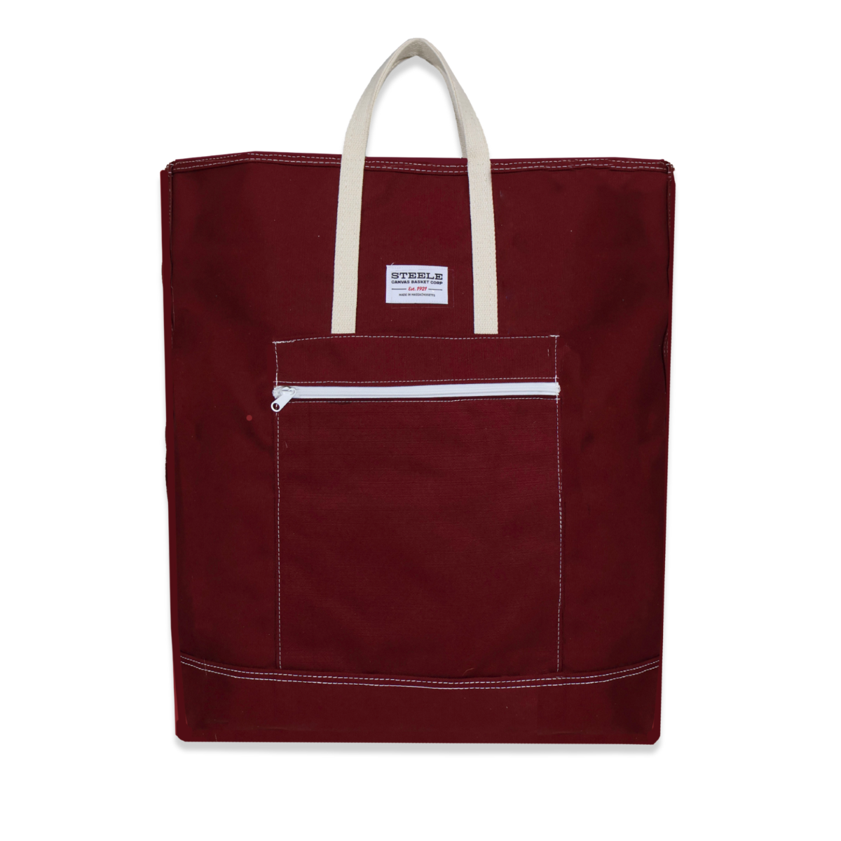 Maroon tote bag with white zipper pocket and handles on a white background