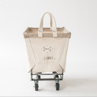Cart with a beige bag on wheels against a white background