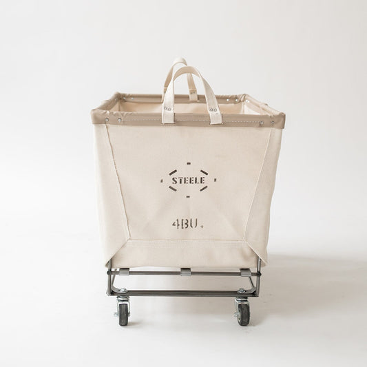 Beige laundry cart with wheels on a white background