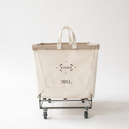 Beige storage cart with 'Steele' branding on a white background