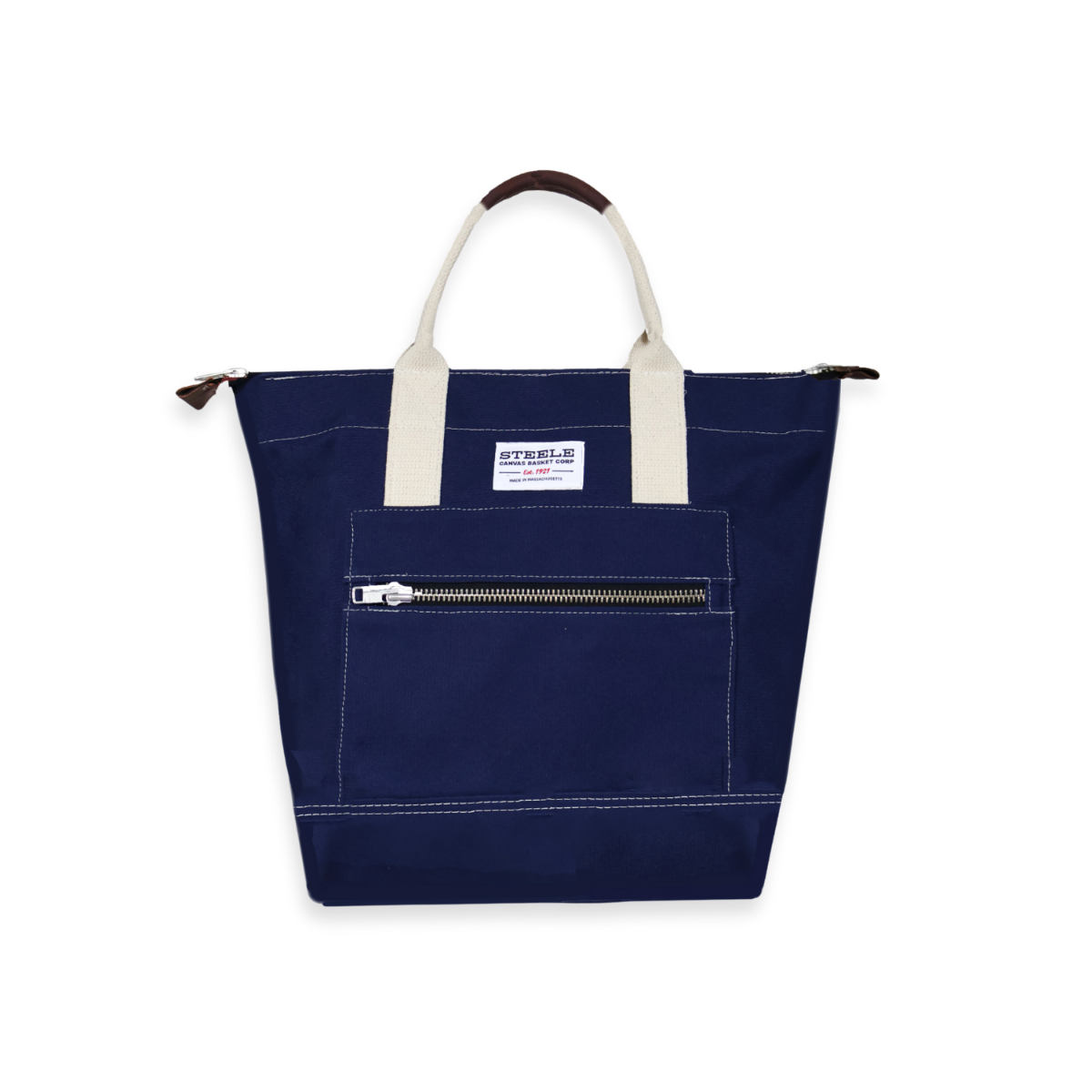 Navy tote bag with white handles on a white background