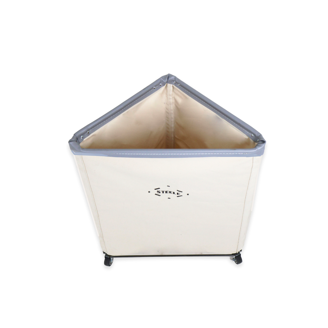 overhead view of a natural canvas laundry hamper with a grey vinyl rim