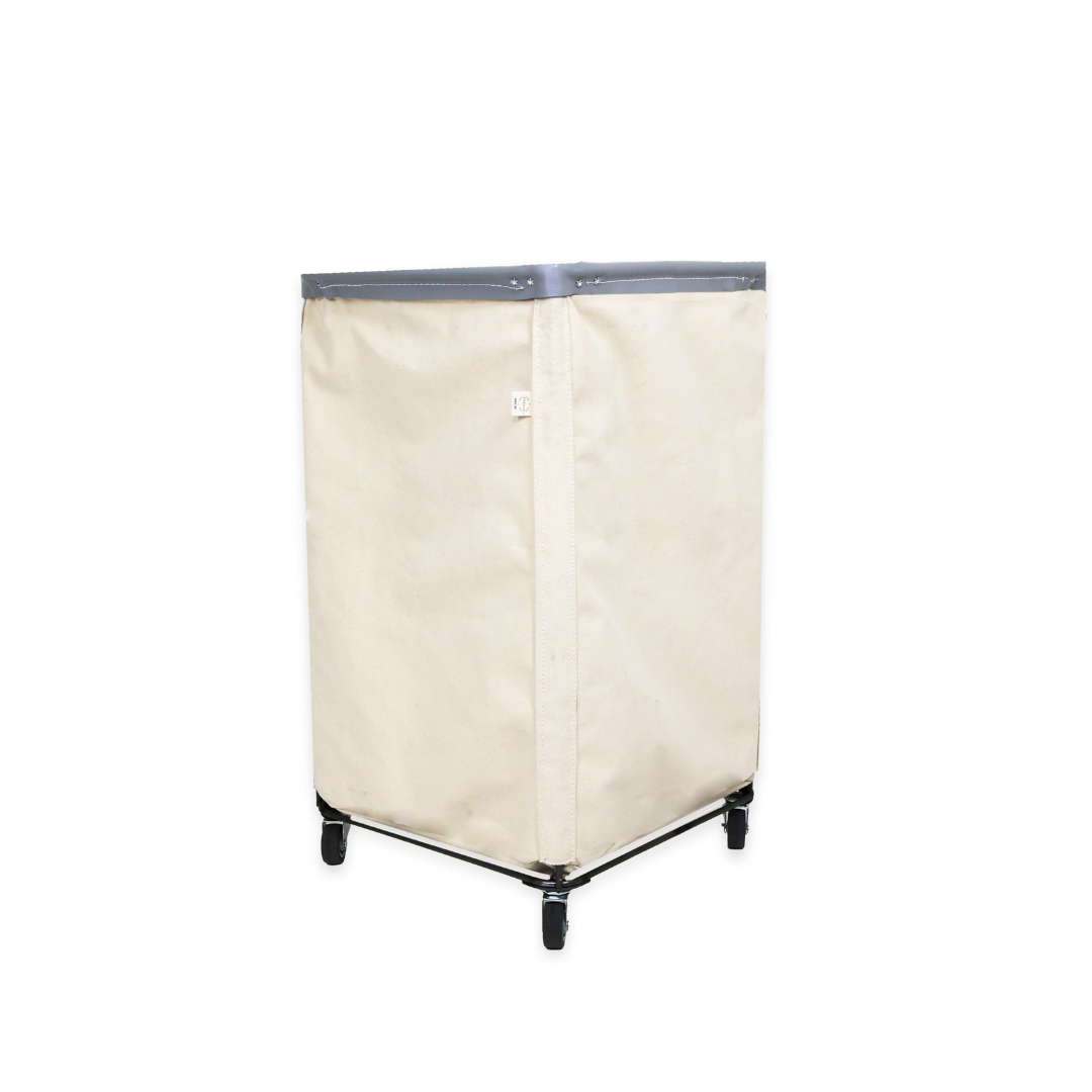 back side natural canvas laundry hamper with a grey vinyl rim