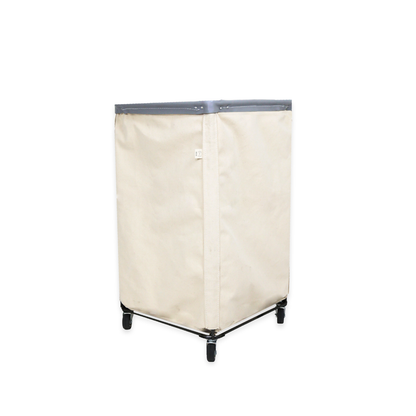 back side natural canvas laundry hamper with a grey vinyl rim