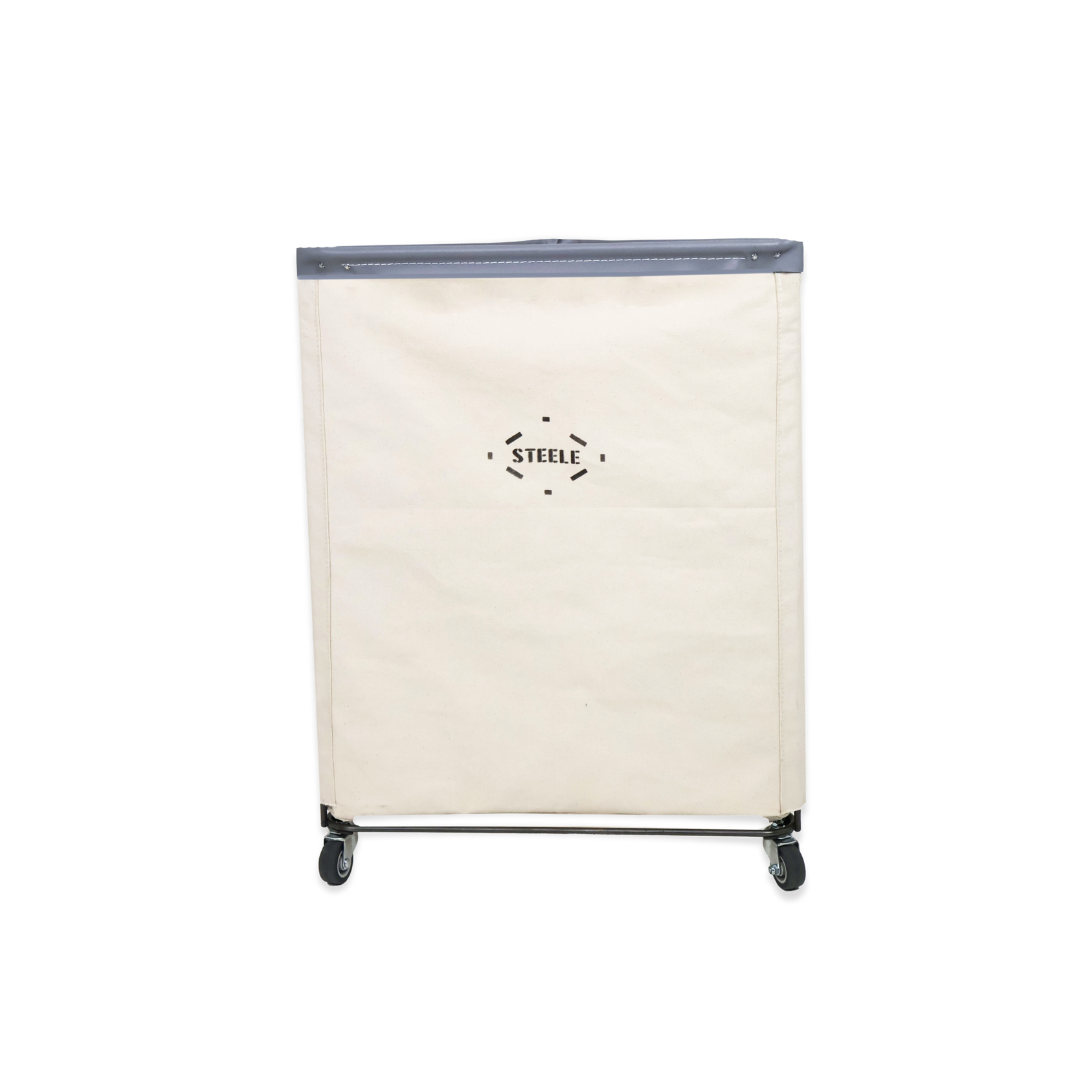 natural canvas laundry hamper with a grey vinyl rim