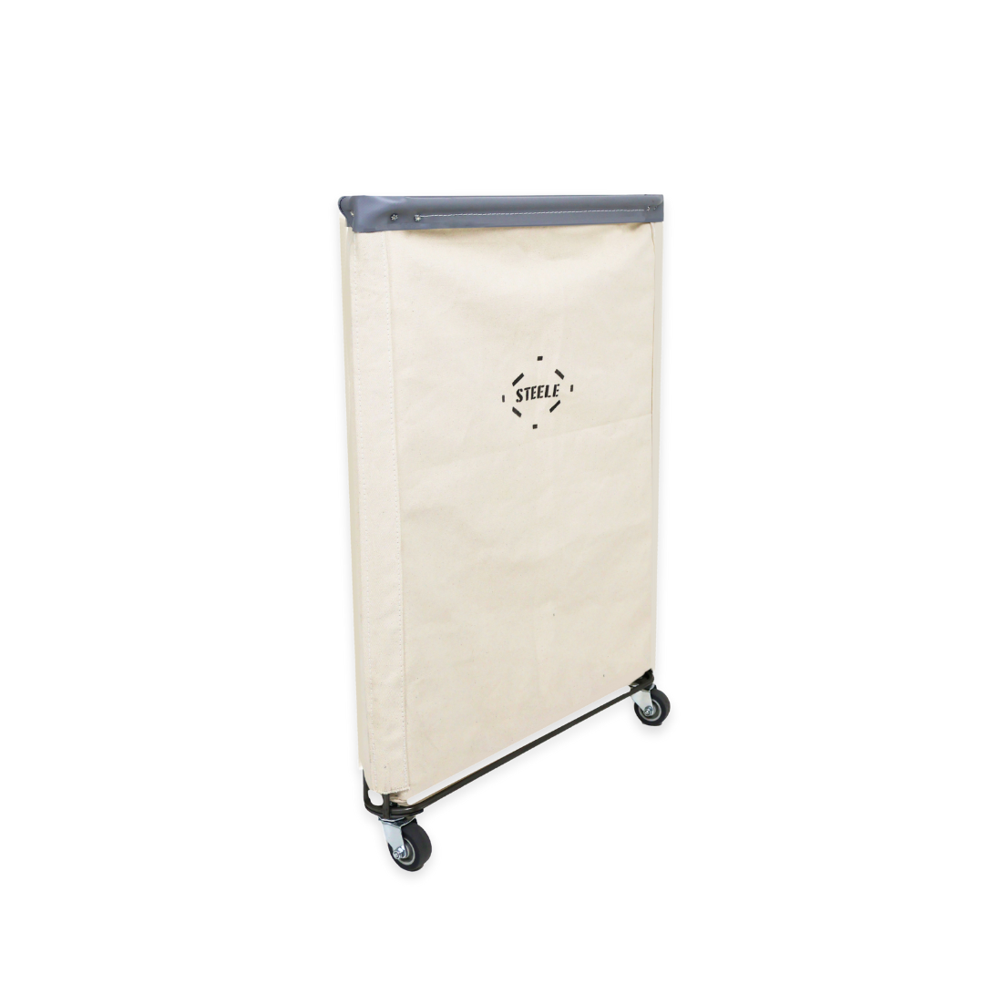 side angle natural canvas laundry hamper with a grey vinyl rim
