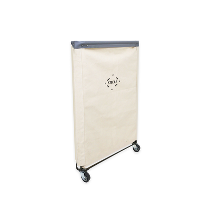 side angle natural canvas laundry hamper with a grey vinyl rim