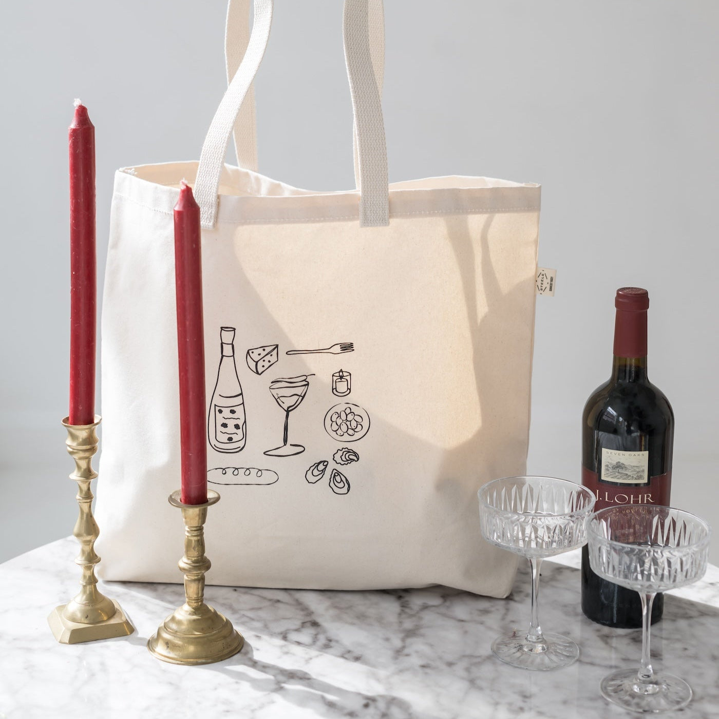 canvas tote with a dinner print on it