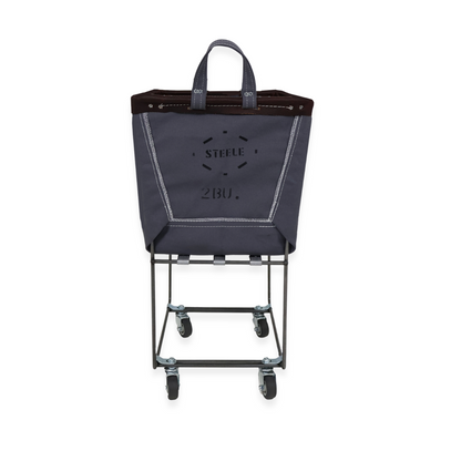 grey laundry cart with a bag on a white background