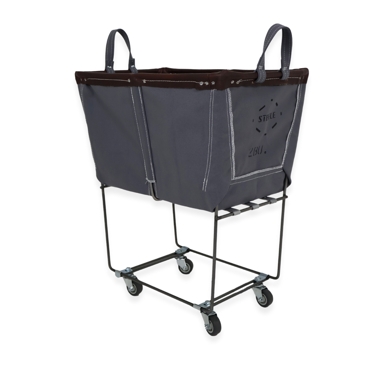 Gray laundry cart with a large bag attached on a white background