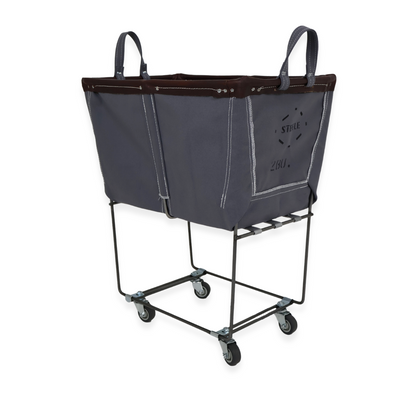 Gray laundry cart with a large bag attached on a white background