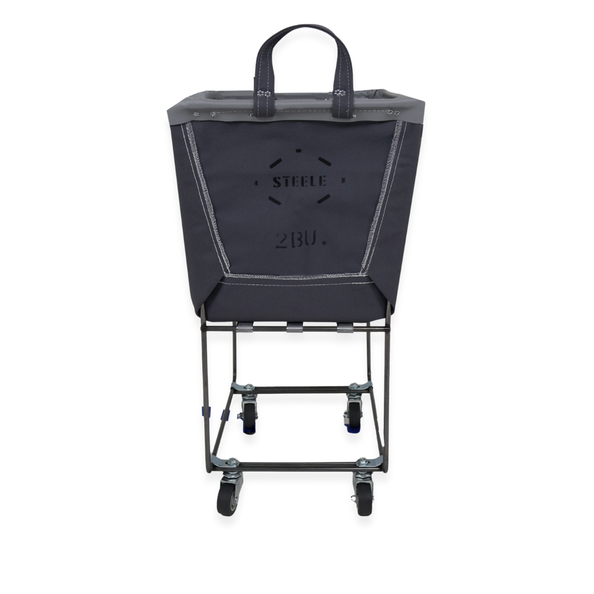 grey laundry cart with a bag on a white background
