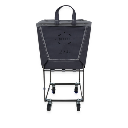 grey laundry cart with a bag on a white background
