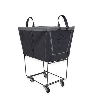 grey laundry cart with wheels on a white background