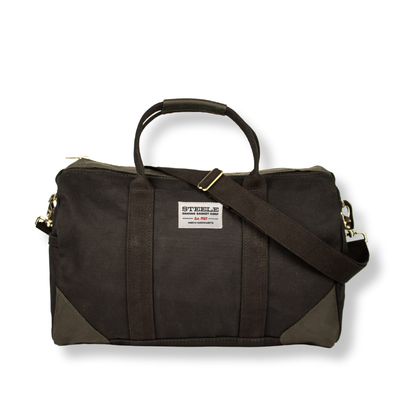 Brown duffel bag with a strap on a white background