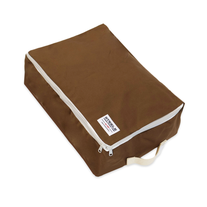 A brown canvas shoe bag with a white zipper and a small white brand label, shown on a plain white background.