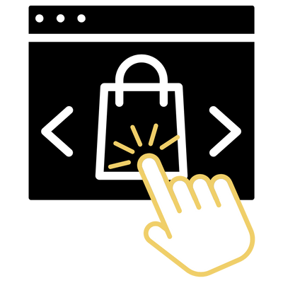 Icon of a hand pointing to a shopping bag on a computer screen, symbolizing online shopping.
