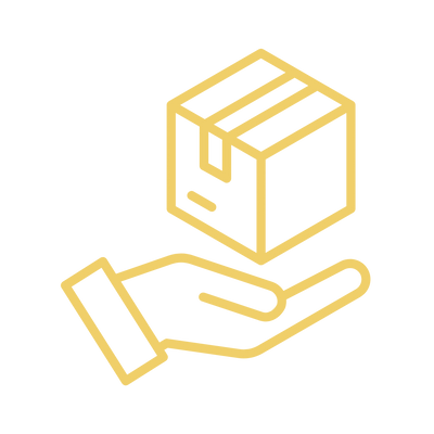 Gold icon of a hand holding a box on a white background