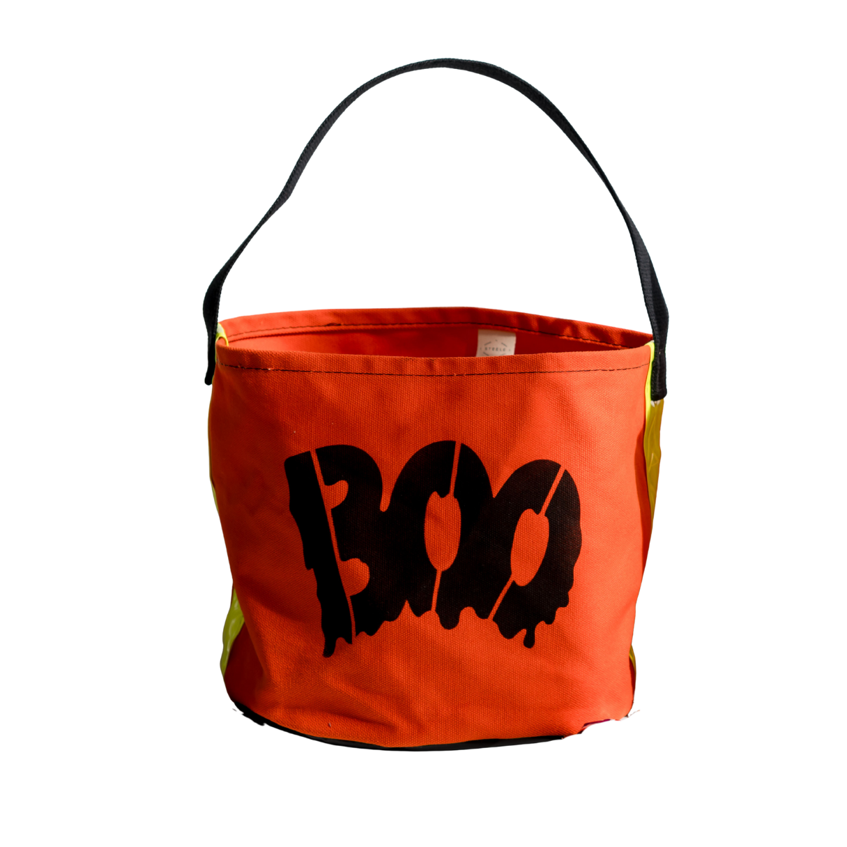 orange halloween bucket bag with "Boo" stencil