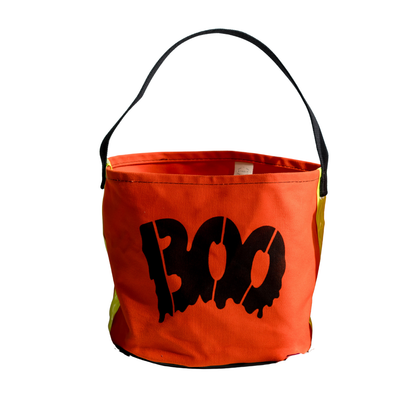 orange halloween bucket bag with "Boo" stencil