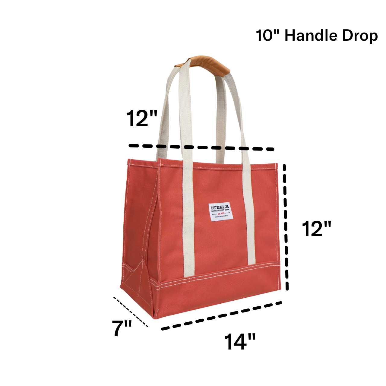 Red tote bag with measurements on a white background